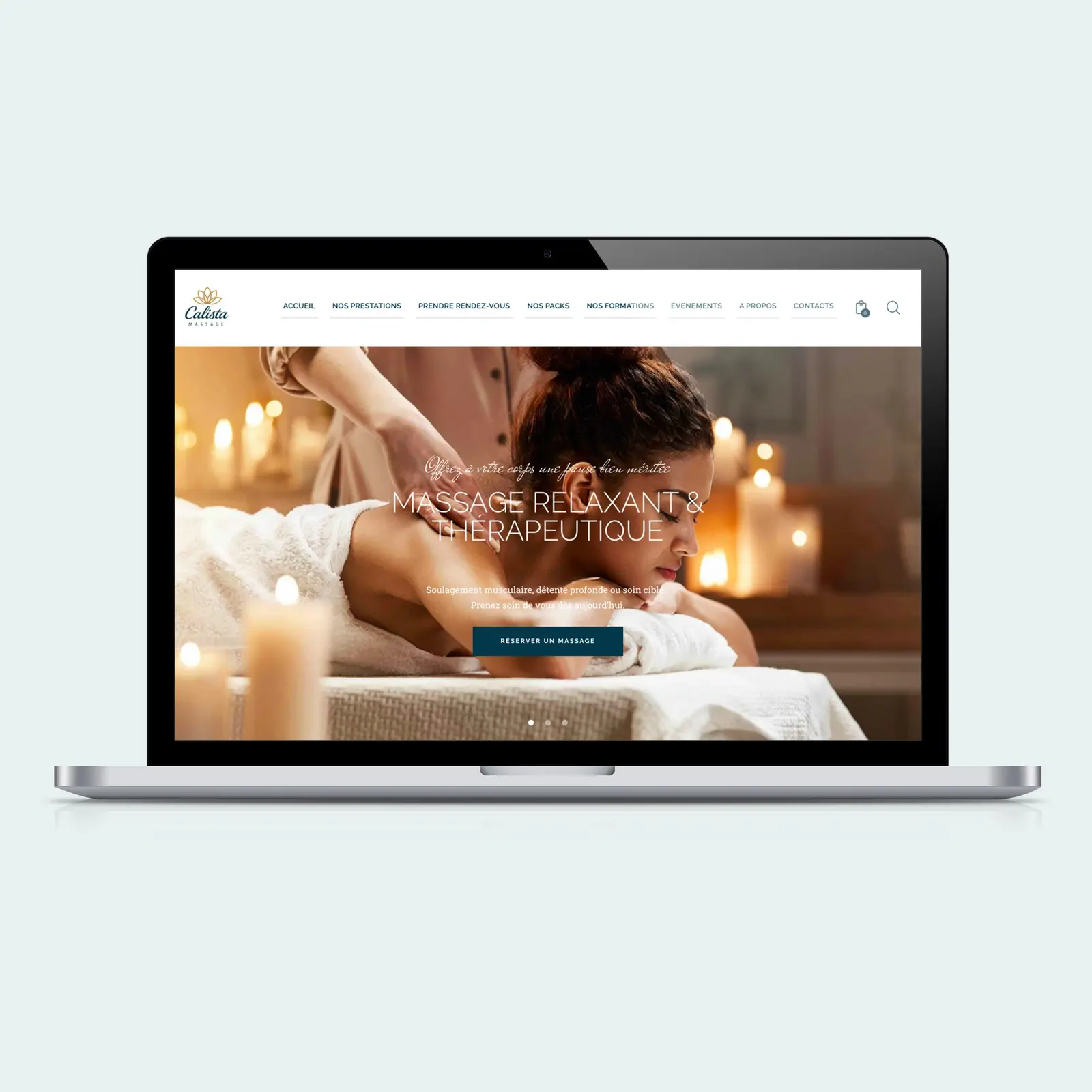 Site web Calista Massage - réservation en ligne, e-commerce, univers doux et apaisant