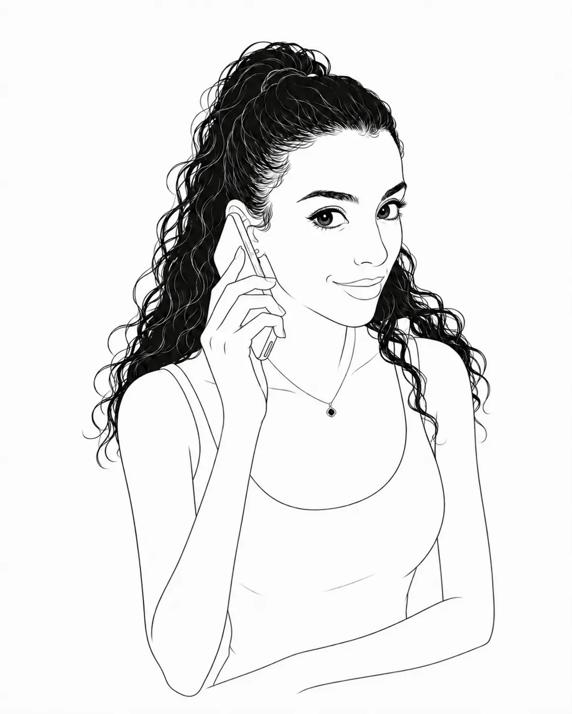 Leïla, graphiste freelance à Nancy, au téléphone avec un client - illustration au trait