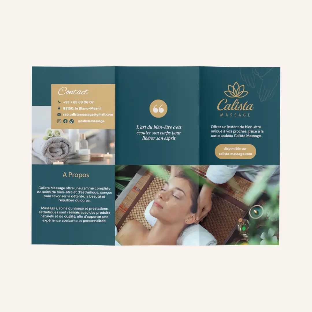 Brochure trois volets Calista Massage - support print, design Nancy